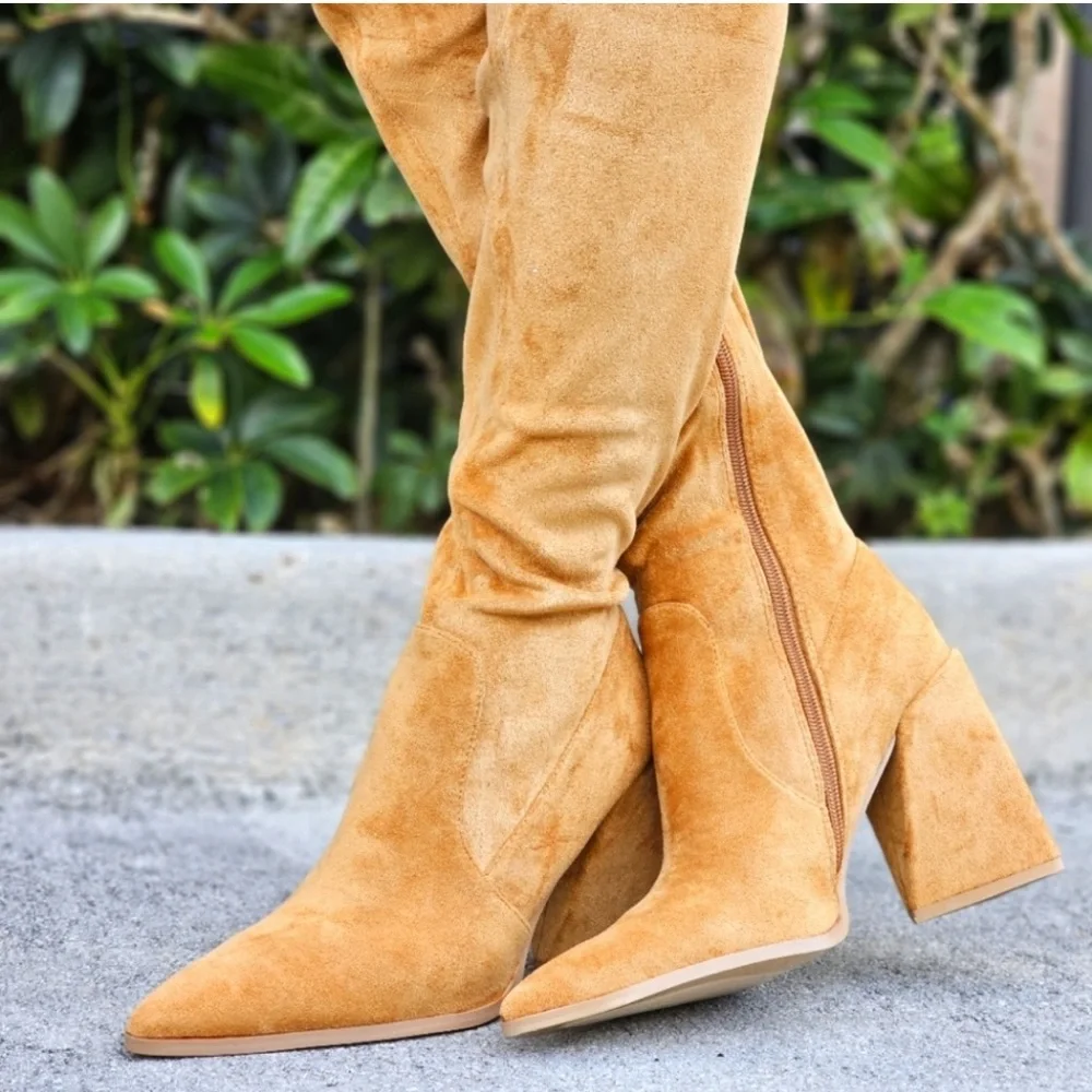Cape Robbin Tan Over The Knee Pointed Heel Triangle Block Heel 8.5
